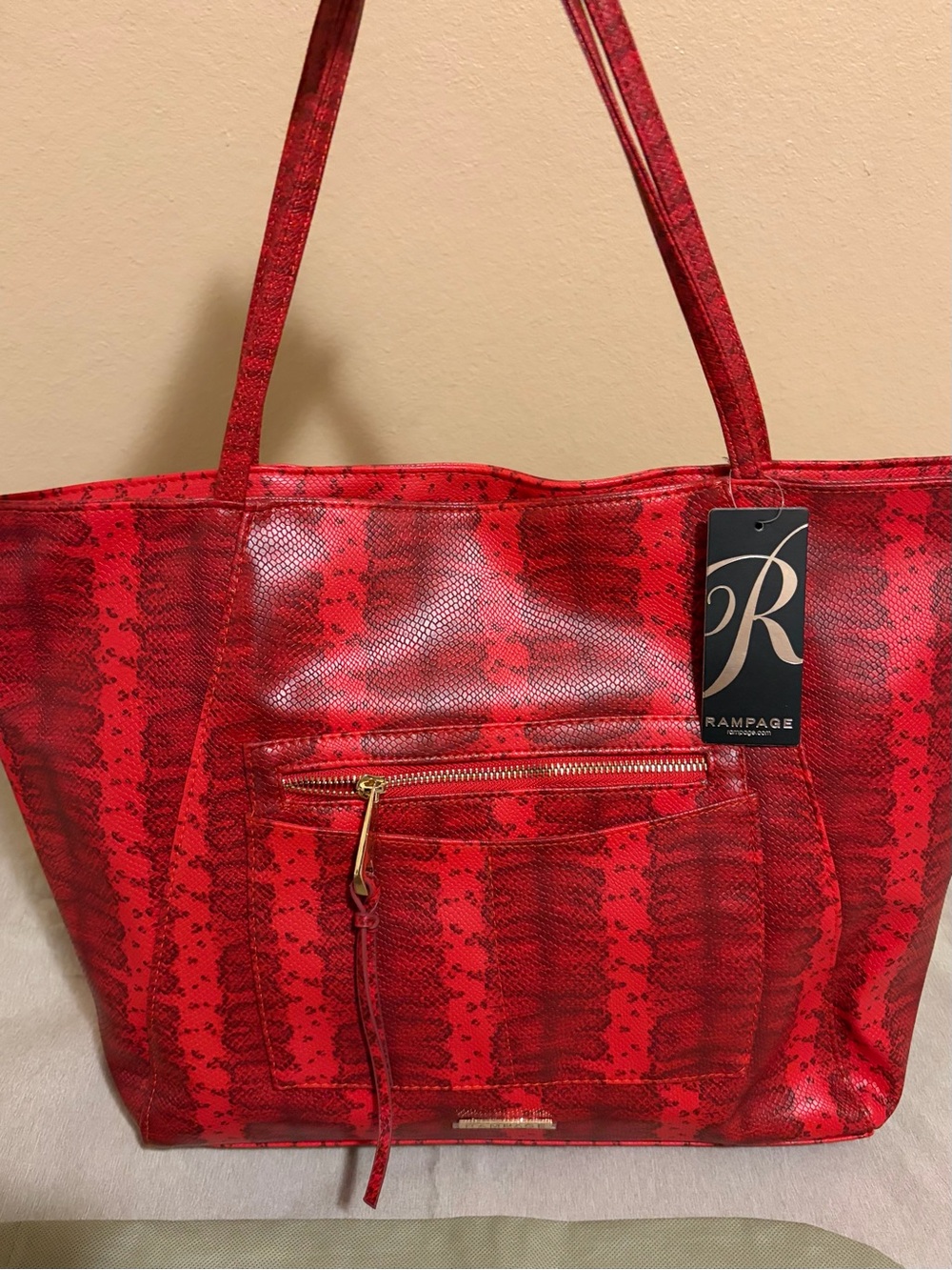 Rampage Red Snake-Print Tote with Front Zip Pocket and Gold Hardware